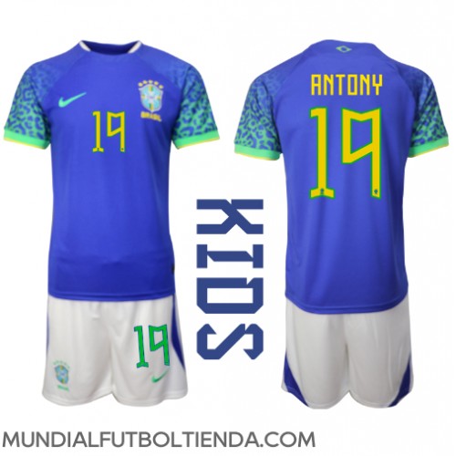 Camiseta Brasil Antony #19 Segunda Equipación Replica Mundial 2022 para niños mangas cortas (+ Pantalones cortos)